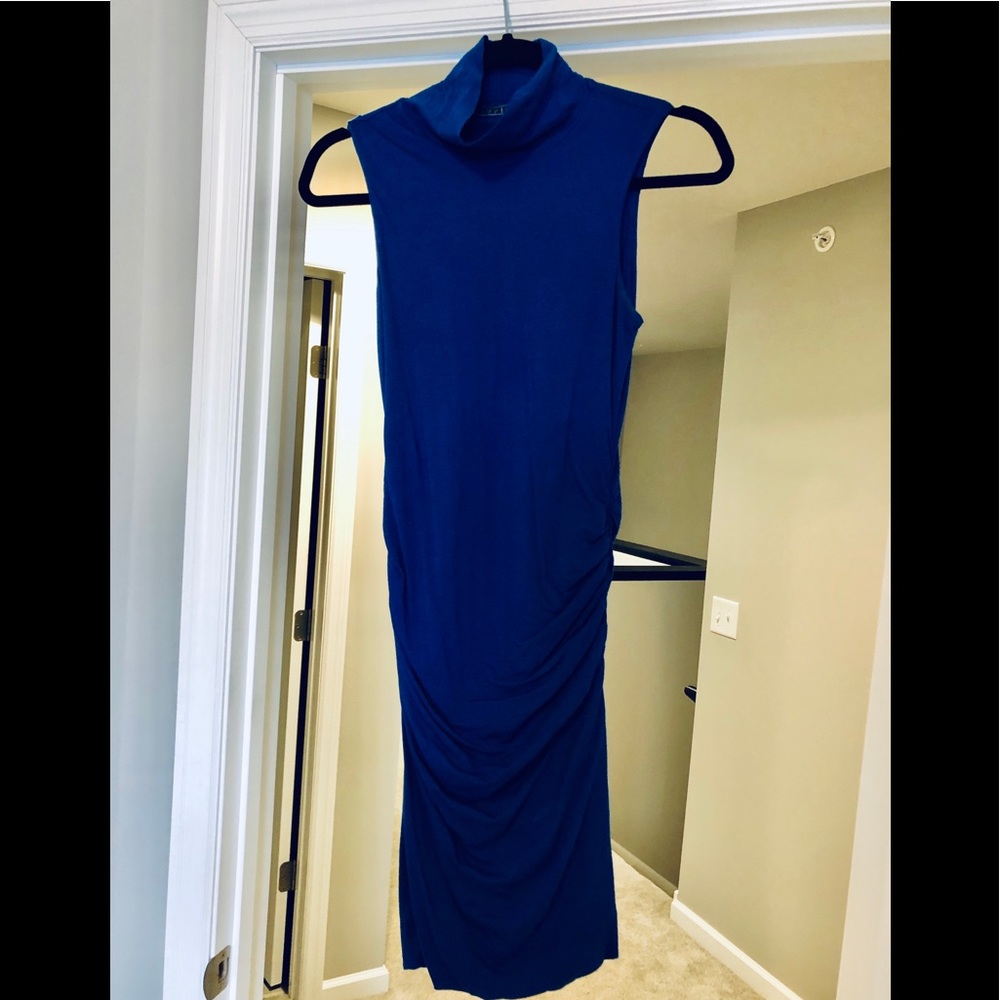 Mock turtleneck ruched tank dress.